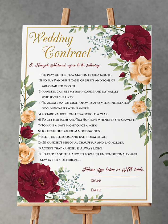 Red And Gold Roses Wedding Contract Board