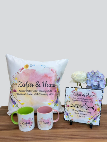 Personalised Couple name Wedding date Gift Set Wild flowers Floral Print Anniversary Wedding Gift Set