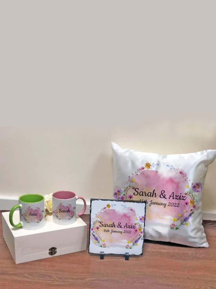 Personalised Couple name Wedding date Gift Set Wild flowers Floral Print Anniversary Wedding Gift Set