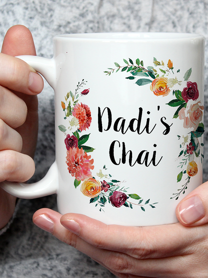 Personalised Grandparents mugs set Nana Nani Dada Dadi Floral Foliage wreath design customised pair mugs Urdu Hindi Gujrati Bangla