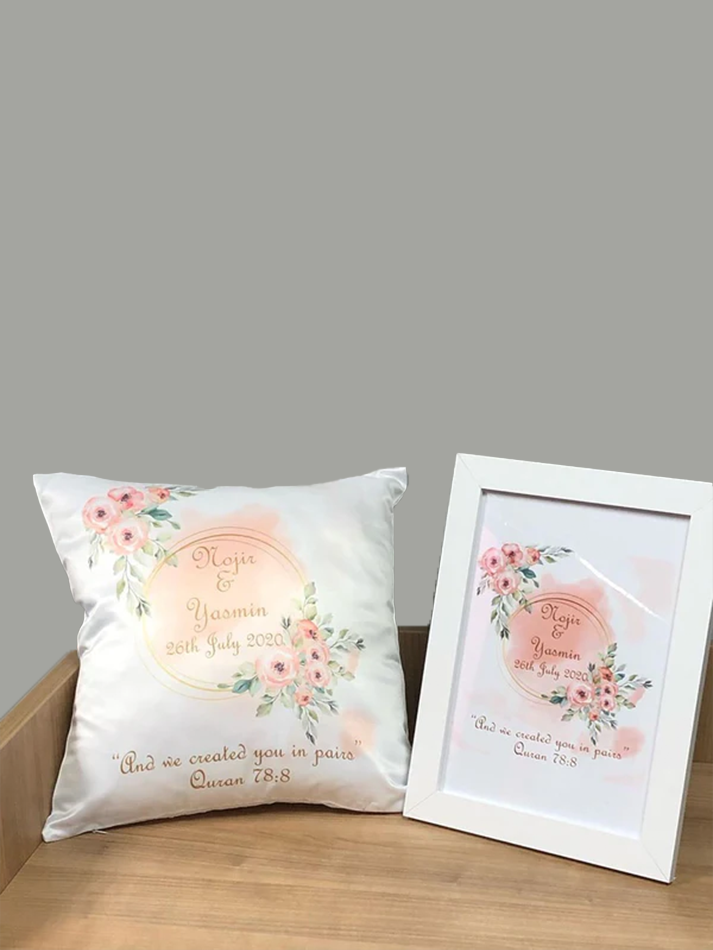 Peach Floral Wreath Wedding Gift Bundle Frame Satin Cushion Mugs Hamper Set