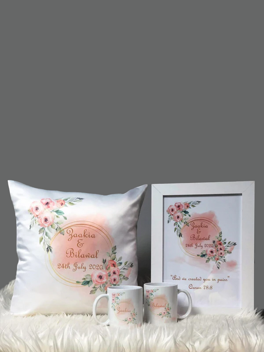 Peach Floral Wreath Wedding Gift Bundle Frame Satin Cushion Mugs Hamper Set