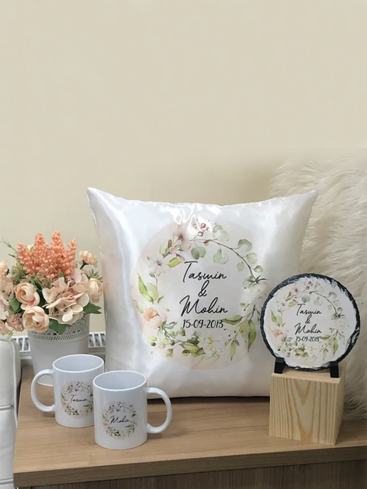 Pastel Floral Wreath Wedding Gift Bundle Frame Satin Cushion Mugs Slate Hamper Set