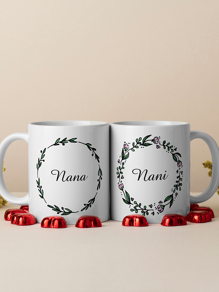 Personalised Grandparents Mug Set Nana Nani Dada Dadi Doodle Wreath Design