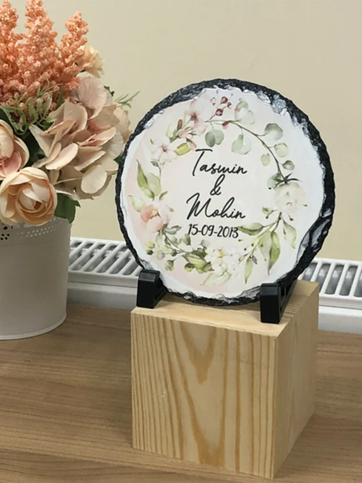 Pastel Floral Wreath Wedding Gift Bundle Frame Satin Cushion Mugs Slate Hamper Set