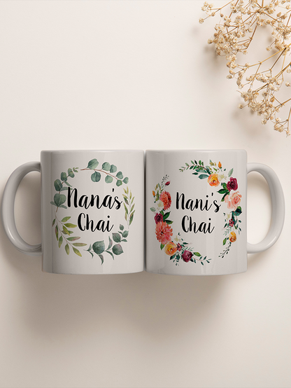 Personalised Grandparents mugs set Nana Nani Dada Dadi Floral Foliage wreath design customised pair mugs Urdu Hindi Gujrati Bangla