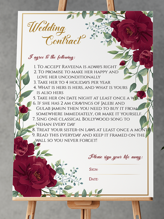 Personalised Marriage Contract Wedding Contract Fun Memorable Keepsakes Red