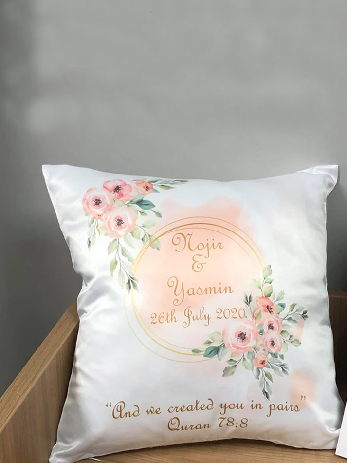 Shiny Satin Personalised Floral Design Cushion Cover Wedding Nikkah gift Decorative Cushion Couple Gifts