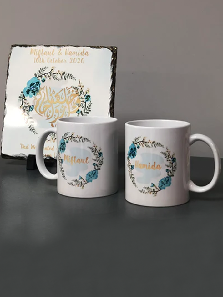 Pink/Blue Floral Wreath Wedding Gift Bundle Couple Mugs & Square Slate Hamper Set