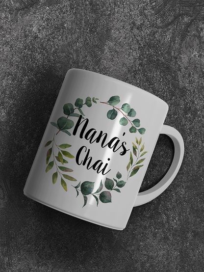 Personalised Grandparents mugs set Nana Nani Dada Dadi Floral Foliage wreath design customised pair mugs Urdu Hindi Gujrati Bangla