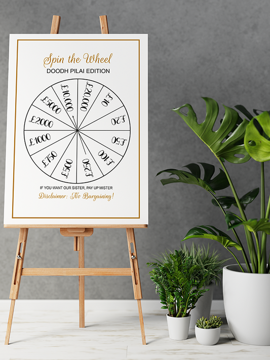 Spin The Wheel Wedding Welcome Sign for Doodh Pilai, Sangeet Customised Asian Wedding Board A2 Wedding Decor