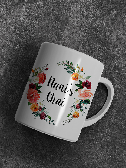 Personalised Grandparents mugs set Nana Nani Dada Dadi Floral Foliage wreath design customised pair mugs Urdu Hindi Gujrati Bangla