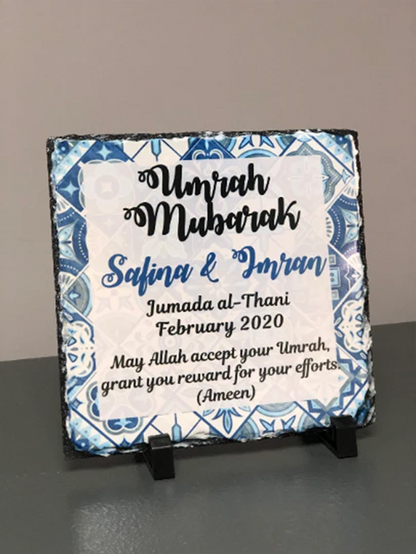 Personalised Umrah / Hajj Mubarak Slate Turkish Tile Design