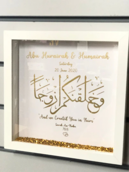 Personalised Nikkah Wedding Anniversary Marriage Gold foil print box frame gold crystals we created you in pairs with names and date