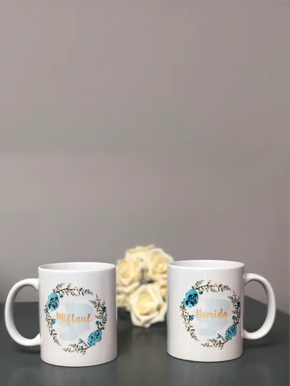 Pink/Blue Floral Wreath Wedding Gift Bundle Couple Mugs & Square Slate Hamper Set