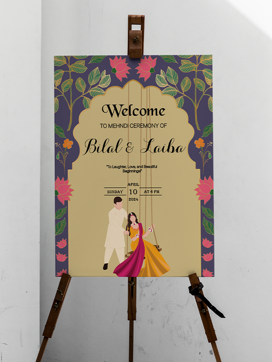 Bride Groom Swing Lotus Traditional Flower Mehndi Board