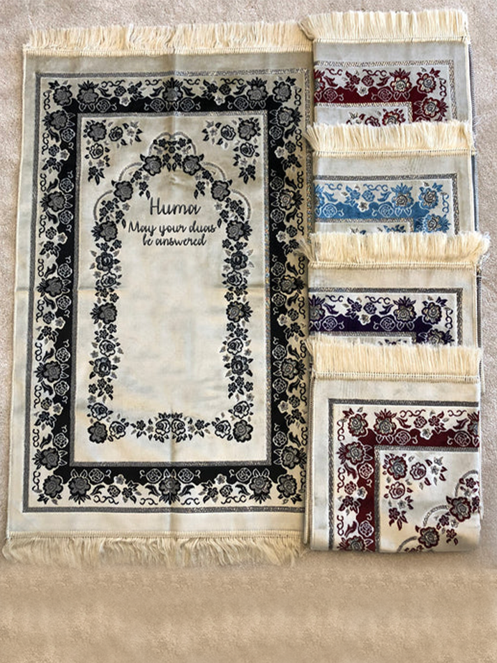 Personalised Embroidered Premium Velvet Rose Prayer Mats with Silver Edging details