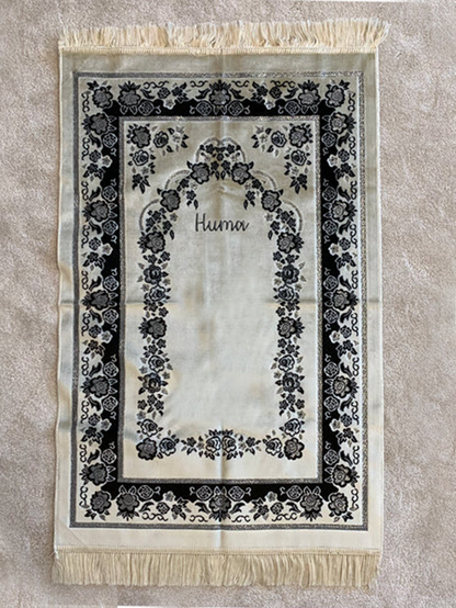 Personalised Embroidered Premium Velvet Rose Prayer Mats with Silver Edging details