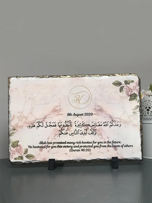 Gold Edges Personalised Pink Marble floral Rock Slate with stand - Can be personalised according to any occasion