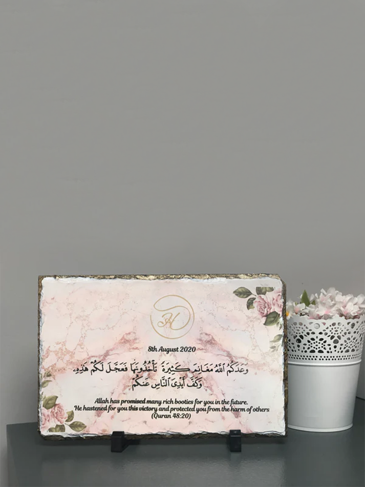 Gold Edges Personalised Pink Marble floral Rock Slate with stand - Can be personalised according to any occasion