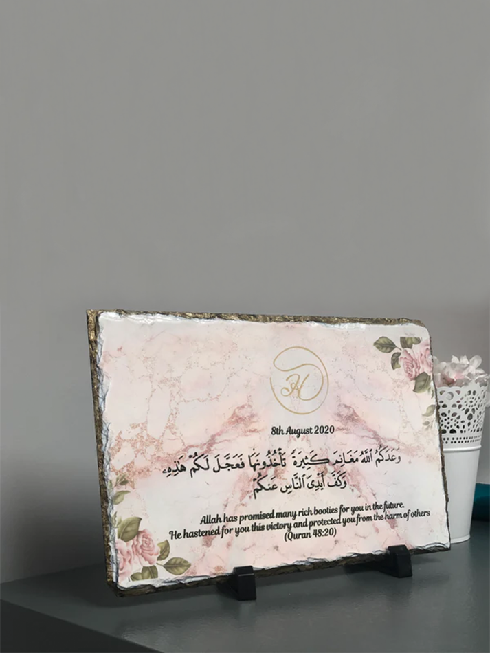 Gold Edges Personalised Pink Marble floral Rock Slate with stand - Can be personalised according to any occasion