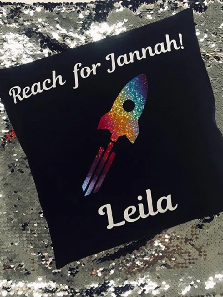 Reach for Jannah Personalised Rocket Rainbow Print Cotton Cushion