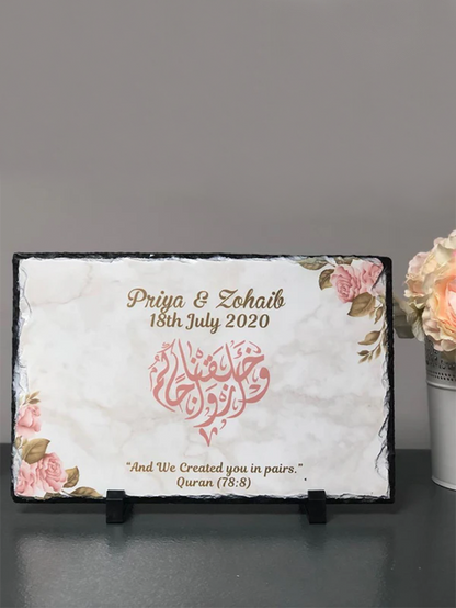 Personalised Marble effect Pink watercolour floral Rock Slate with stand -Muslim Islamic Wedding Nikkah Couple Names Date Wedding date gift