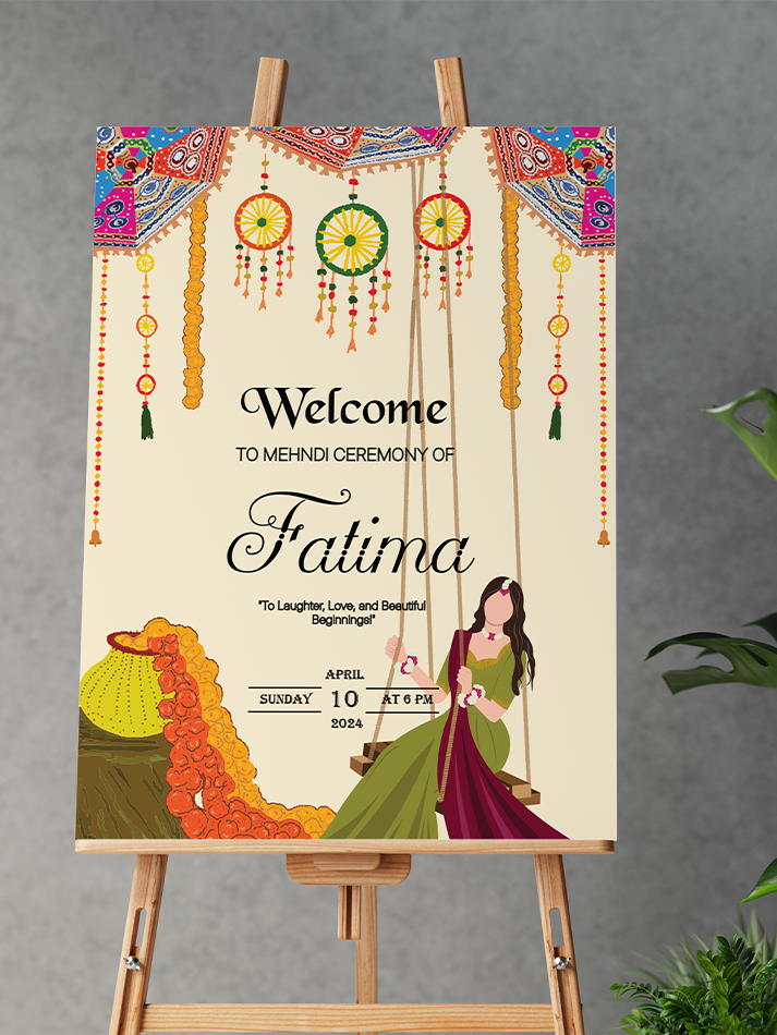 Custom Mehndi Welcome Board Bride On Swing Umbrella Traditional Decor