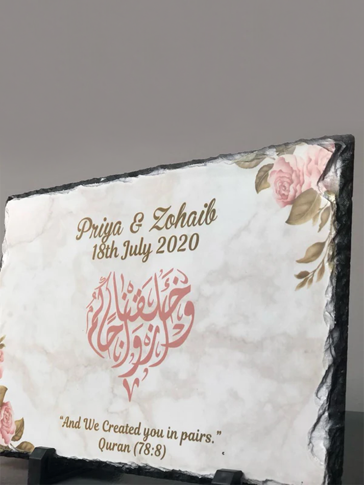 Personalised Marble effect Pink watercolour floral Rock Slate with stand -Muslim Islamic Wedding Nikkah Couple Names Date Wedding date gift