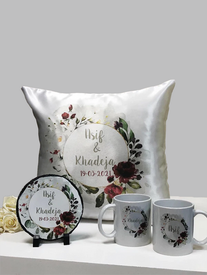 Grey & Maroon Floral Wreath Wedding Gift Bundle Frame Satin Cushion Mugs Slate Hamper Set Nikkah Gift Set