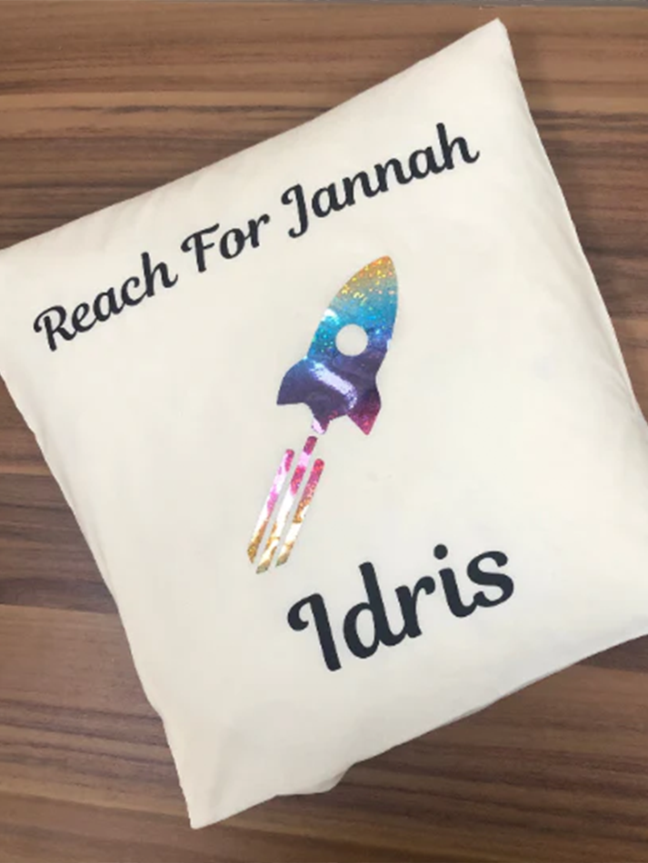 Reach for Jannah Personalised Rocket Rainbow Print Cotton Cushion