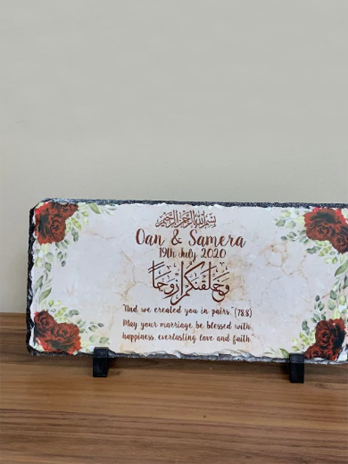 Personalised beige marble effect red roses floral Rock Slate with stand -Muslim Islamic Wedding Nikkah Couple Names Date Wedding date gift