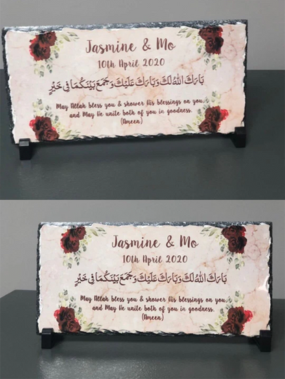 Personalised beige marble effect red roses floral Rock Slate with stand -Muslim Islamic Wedding Nikkah Couple Names Date Wedding date gift