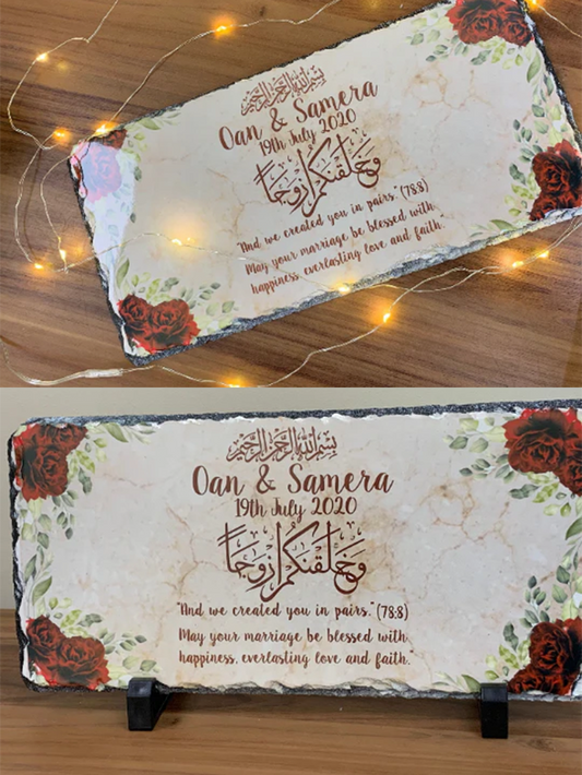 Personalised beige marble effect red roses floral Rock Slate with stand -Muslim Islamic Wedding Nikkah Couple Names Date Wedding date gift