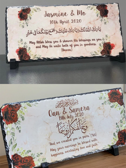 Personalised beige marble effect red roses floral Rock Slate with stand -Muslim Islamic Wedding Nikkah Couple Names Date Wedding date gift