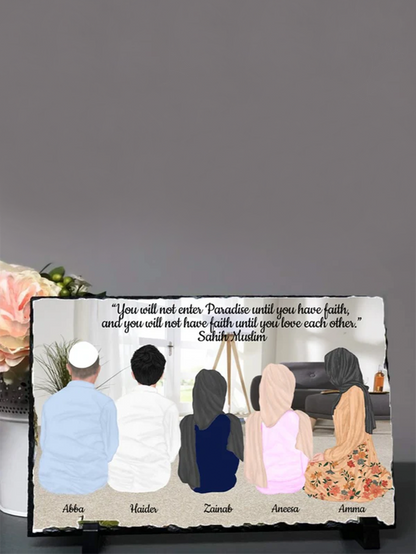 Personalised Family Sketch illustration on Rock Slate with stand Muslim Family