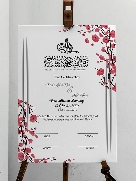 Cherry Blossom Floral Nikkah Nama Wedding Contract Marriage Certificate Board