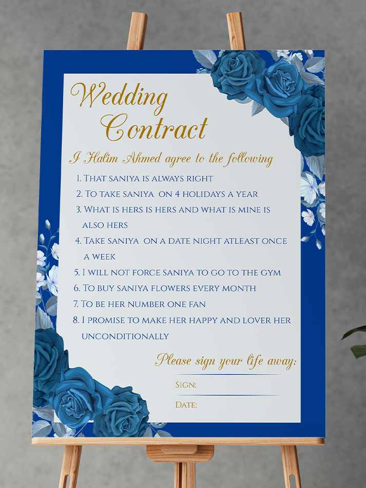 Personalised Marriage Contract Wedding Contract Fun Memorable Keepsakes Blue