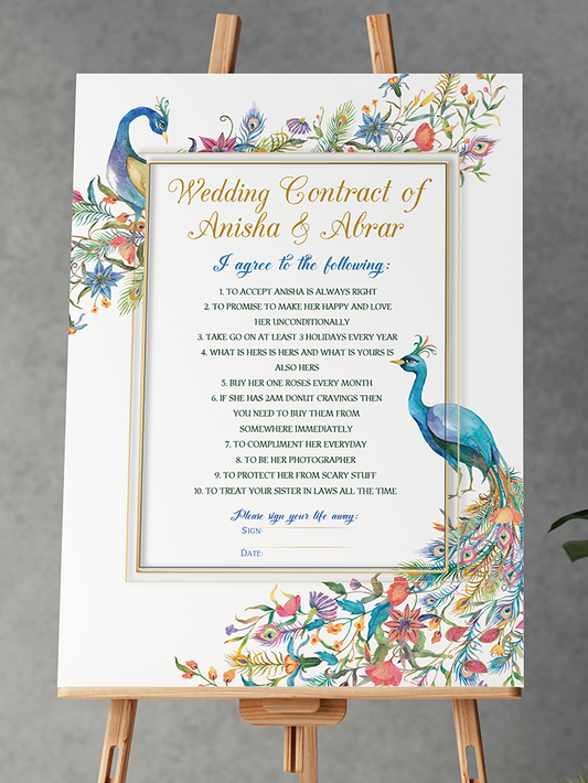 Colourful Peacock Floral Theme Wedding Contract Board