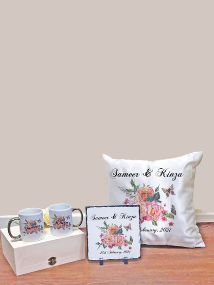 Vintage Rose Floral Design Wedding Gift Bundle Frame Satin Cushion Mugs Slate Hamper Set Nikkah Gift Set