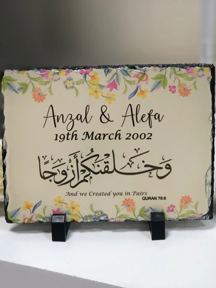 Custard Yellow Colourful Floral Design Personalised floral Rock Slate with stand with Couple Names Wedding Gift Idea Nikkah Gifts