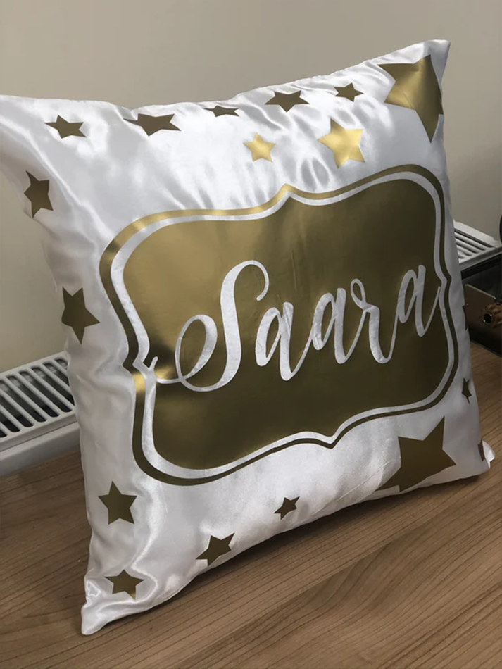 Kids Name Shiny Gold Stars Satin Personalised Cushion Cover Birthday Gift Decorative Cushion