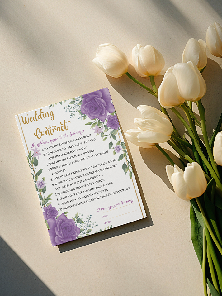 Personalised Marriage Contract Wedding Contract Fun Memorable Keepsakes Purple