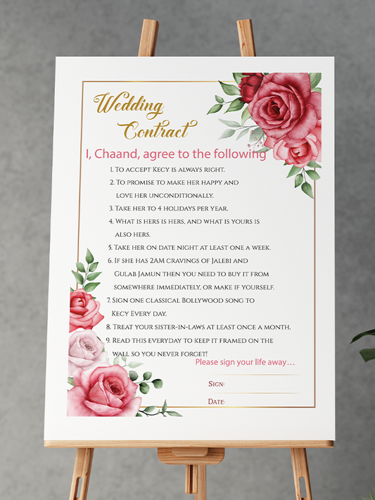 Personalised Marriage Contract Wedding Contract Fun Memorable Keepsakes Pink