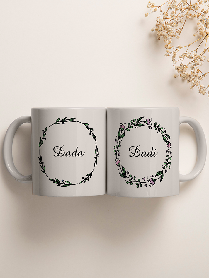 Personalised Grandparents Mug Set Nana Nani Dada Dadi Doodle Wreath Design