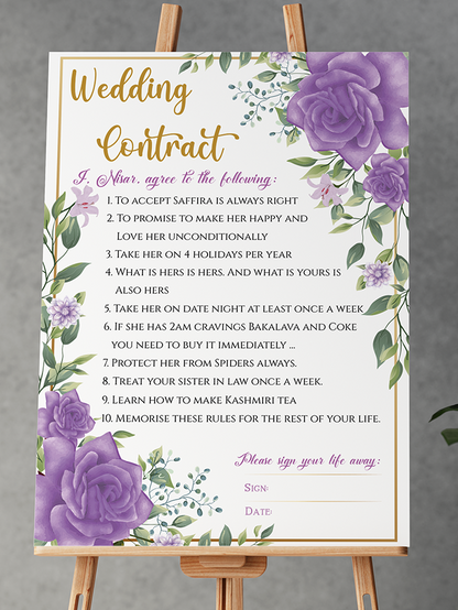 Personalised Marriage Contract Wedding Contract Fun Memorable Keepsakes Purple