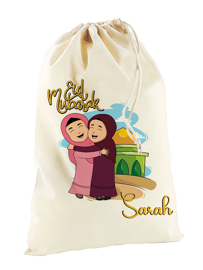 Personalised Eid Mubarak Gift Sack Name Print Boy Girl Masjid Illustration