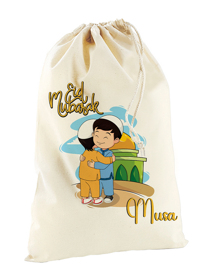 Personalised Eid Mubarak Gift Sack Name Print Boy Girl Masjid Illustration