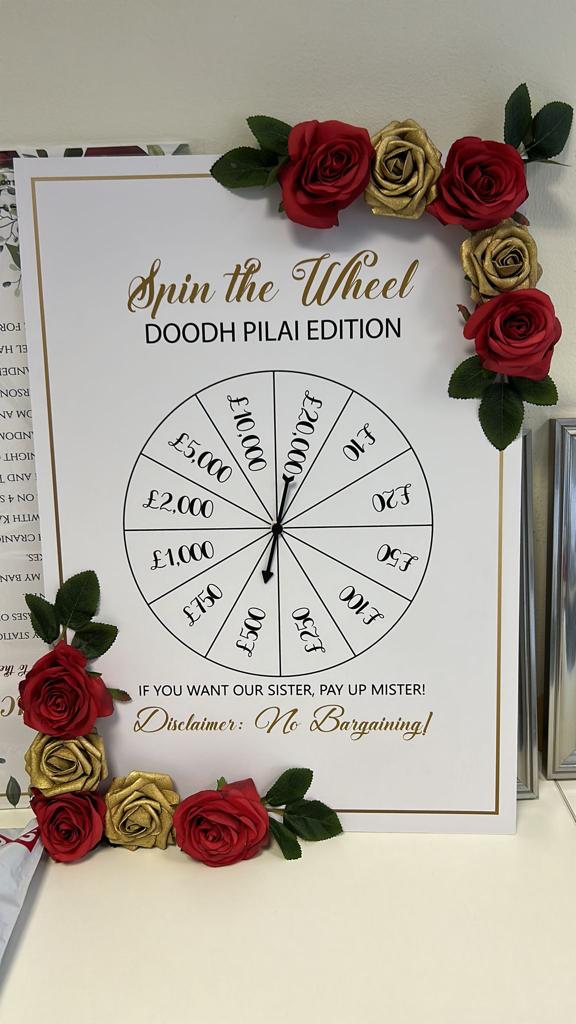 Spin The Wheel Wedding Welcome Sign 3D Flowers for Doodh Pilai, Sangeet, Nikkah Customised Asian Wedding Board A2 Wedding Decor