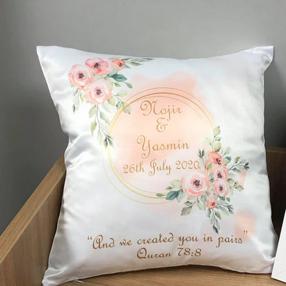 Shiny Satin Personalised Floral Design Cushion Cover Wedding Nikkah gift Decorative Cushion Couple Gifts